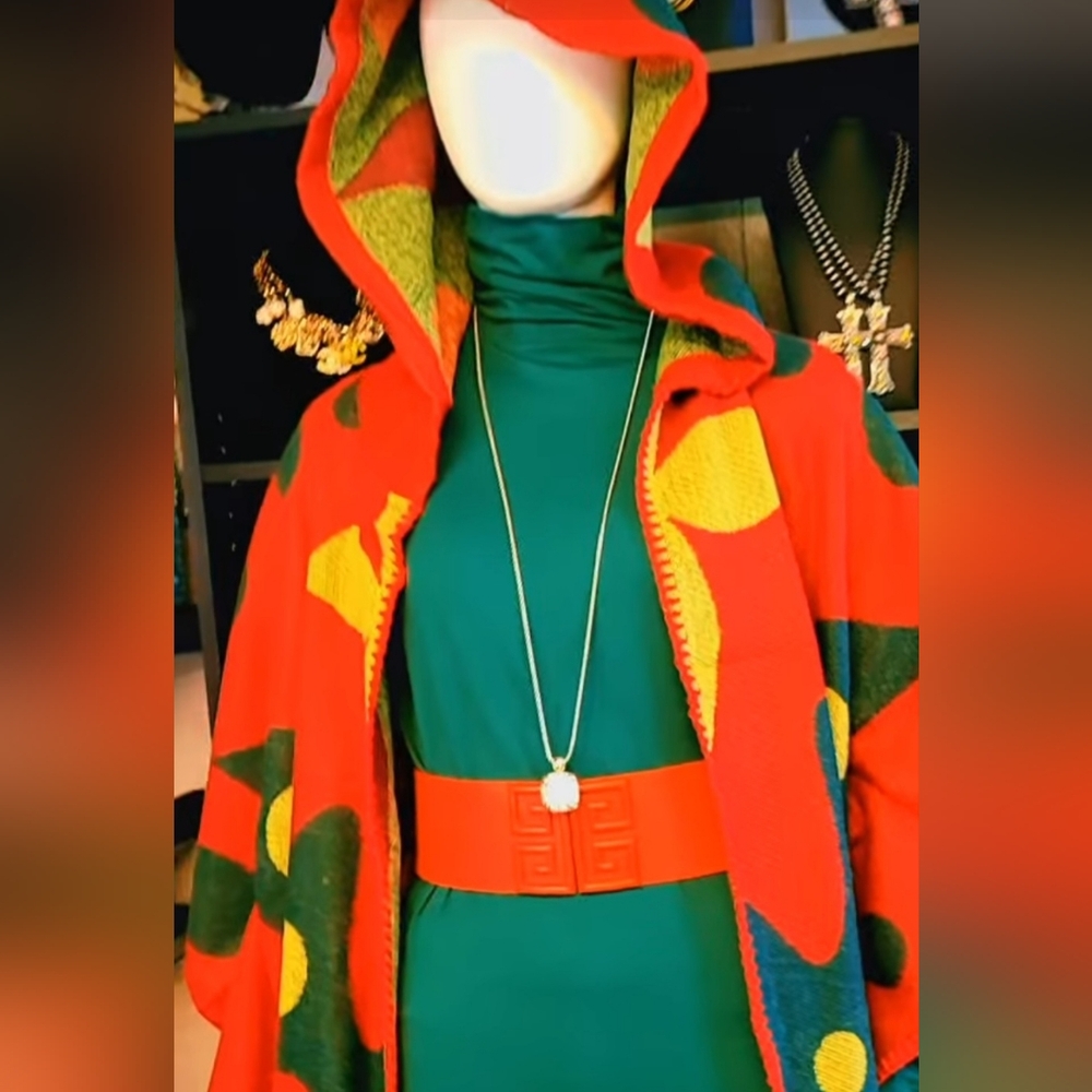 Vibrant Red and Green Hooded Poncho